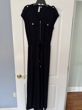 Emma & Michele Navy Blue Cap Sleeves Jumpsuit with Gold Hardware